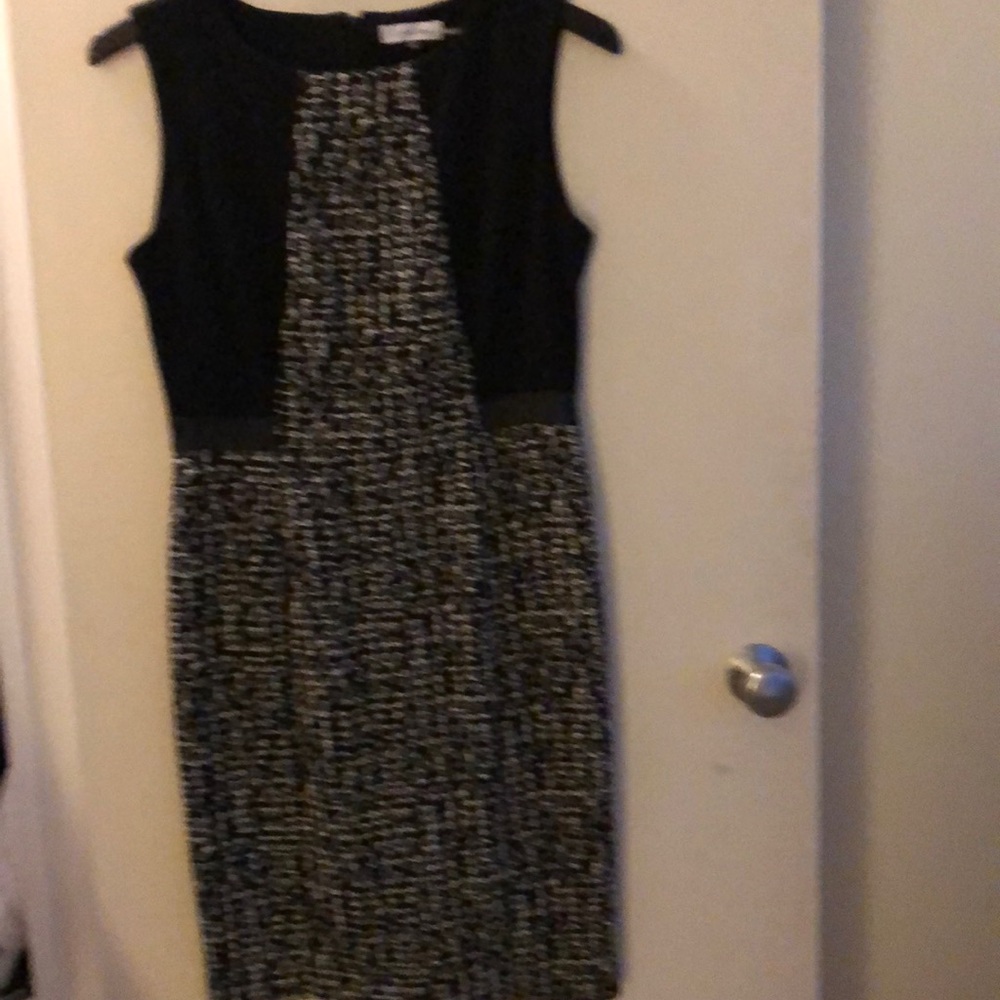 Calvin Klein black and white sheath dress.